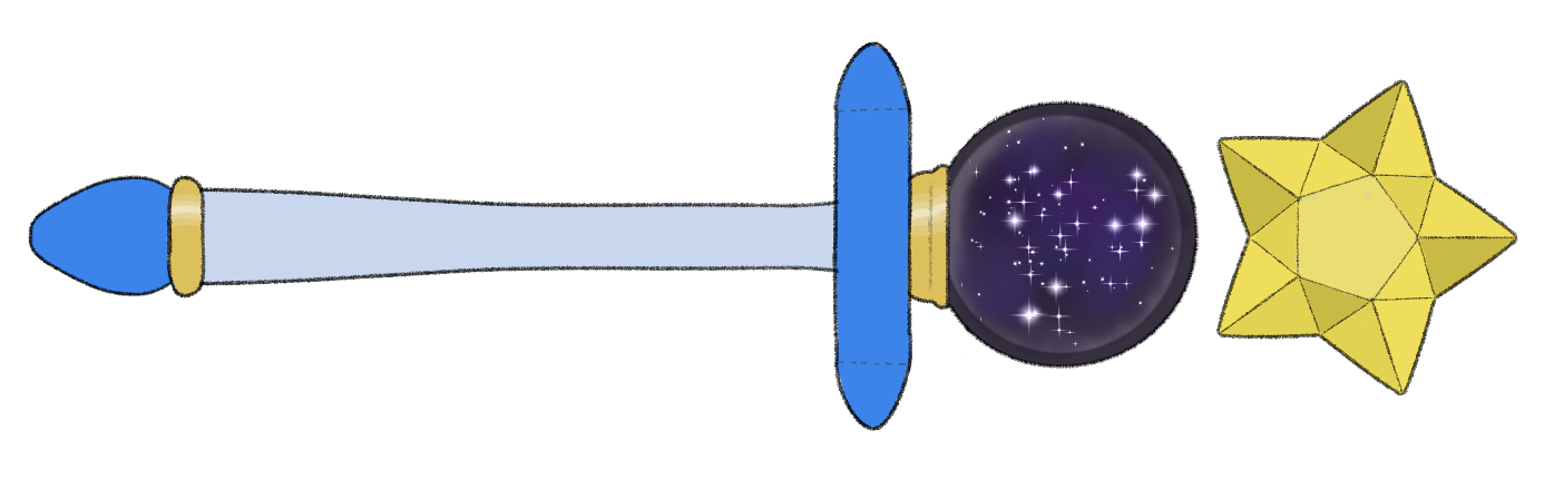 Puri's magical girl wand. Its handle is capped with gold accents, with a tapered blue pommel at one end and a crystal ball on the other through which space is visible. A blue ring encircles the handle just below the crystal ball, and a yellow star-shaped crystal floats at the top.