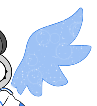 One of Puri's wings, light blue and shaped like that of a bird's. It sparkles intensely and fades as it reaches her back, not making a direct connection.