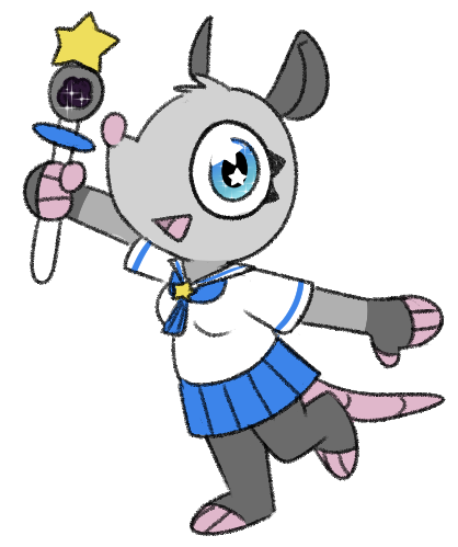 An image of Puri, an anthropomorphic opossum magical girl wearing a sailor suit. She holds her magic wand aloft in a cheerful pose.