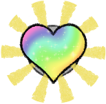 A rainbow heart surrounded by a circle of golden rays.