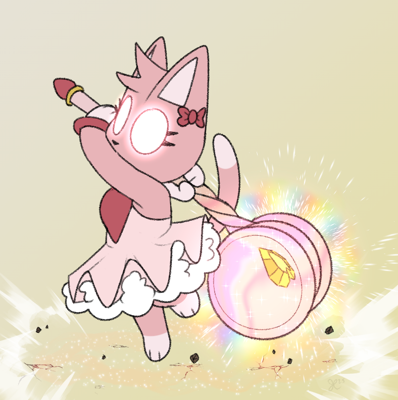 Ruby in her Radiant form, wearing a ruffled pink dress with a red bow affixed to one ear. She winds up to swing a massive rainbow hammer, taller than she is with a head larger than her own. The hammer, Cataclysm, is gathering a brilliant light and small bits of the ground are beginning to rise up from the literal power vacuum.