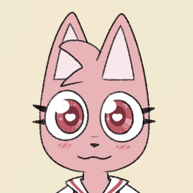 A headshot of Ruby, a pink anthropomorphic cat girl with large red eyes.