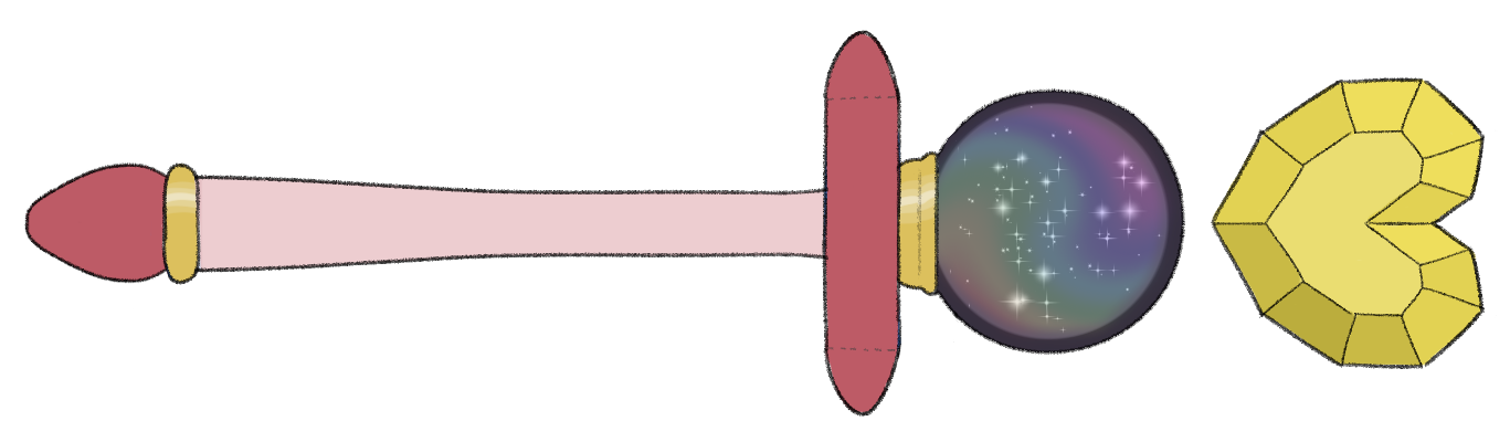 Ruby's magical girl wand. Its handle is capped with gold accents, with a tapered red pommel at one end and a crystal ball on the other through which a sparkling, swirling rainbow is visible. A red ring encircles the handle just below the crystal ball, and a yellow, heart-shaped faceted crystal floats at the top.