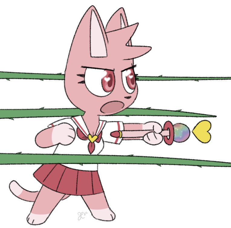 An image of Ruby, an anthropomorphic feline magical girl wearing a sailor suit. She points her wand dramatically, sending a trio of thorny vines forward.